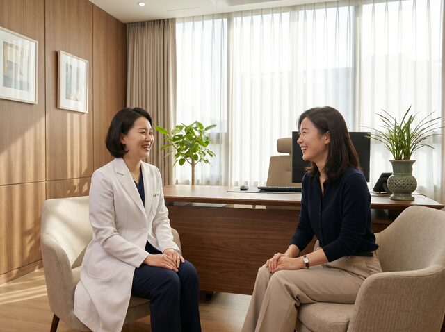 상담실에서 대화하는 의료진과 고객 일러스트