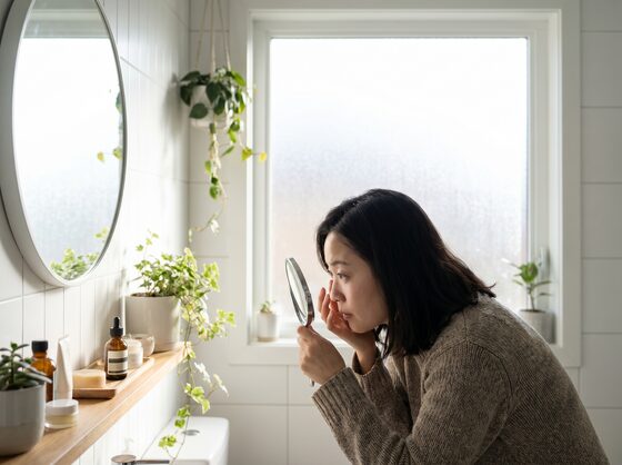 거울을 보며 눈가를 살피는 여성 일러스트