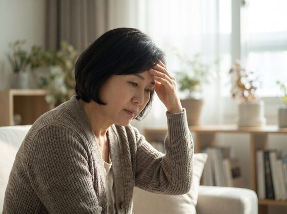 이마를 짚어보는 중년 여성 일러스트