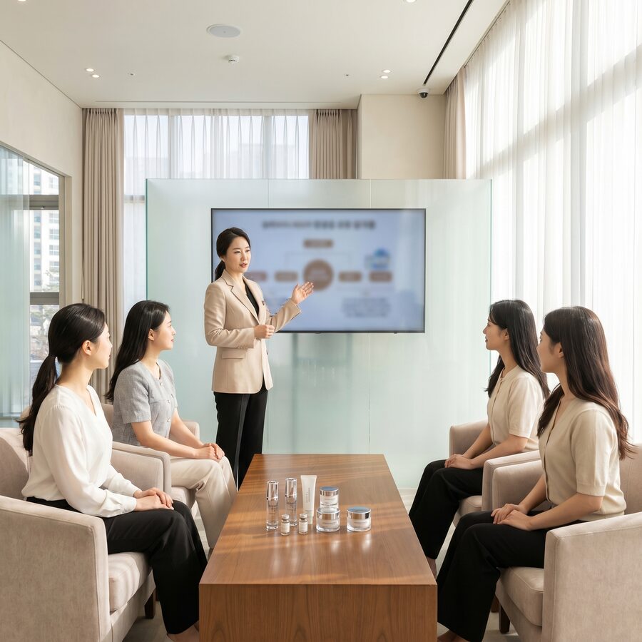 글로벌 제약사 공식 키닥터의 스킨부스터 강연 컷 (AI 생성 예시 이미지)