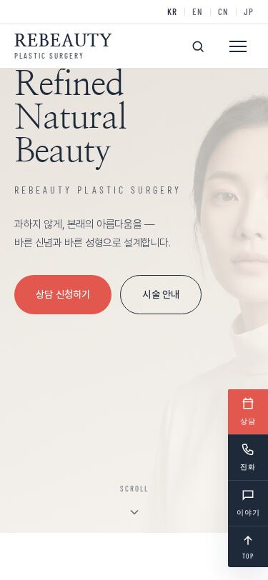 세리프 헤드라인과 여성 포트레이트 히어로가 있는 성형외과 홈페이지 템플릿 화면